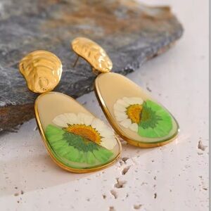Green Floral Enamel Drop Earrings – Gold Plated Stainless Steel